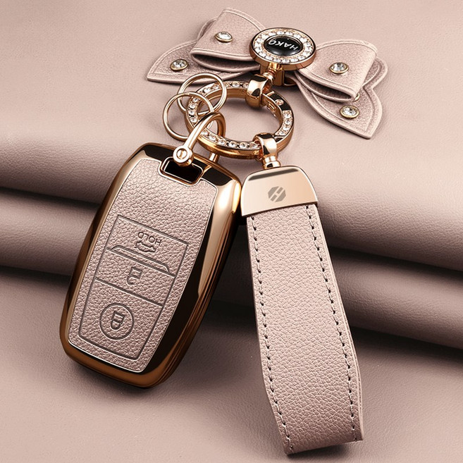 HAKO 소프트 가죽TPU 차키케이스+키홀더+리본 (기아3/4/5버튼호환), K-01, 핑크베이지