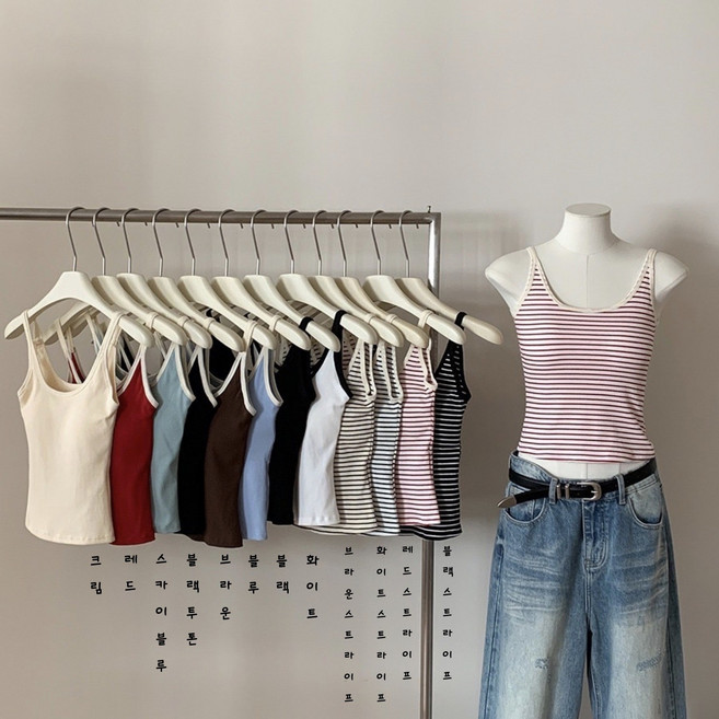 여성용 데일리 슬림핏 크롭 스트라이프 민소매 끈 나시