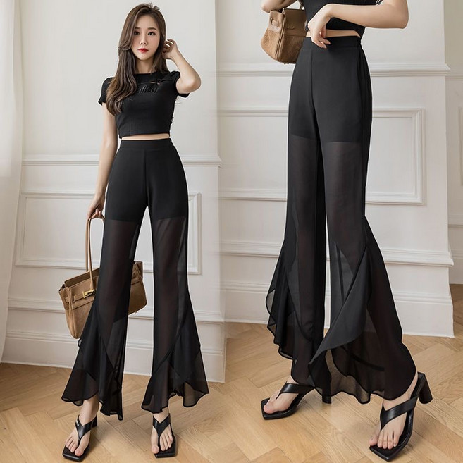 여자 여름 얇은 블랙 쉬폰 플레어 와이드 팬츠