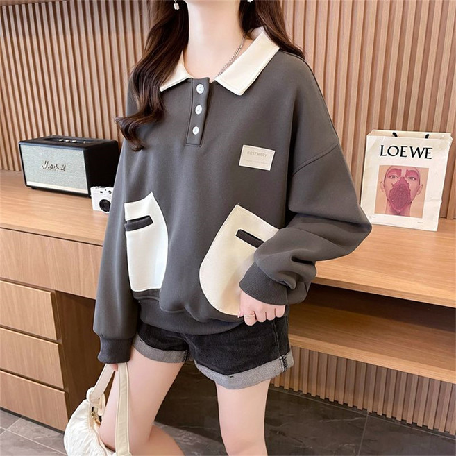 TKX 여성용 봄 가을 캐주얼 오버핏 티셔츠 포켓 긴팔 맨투맨 후드 티셔츠 K71