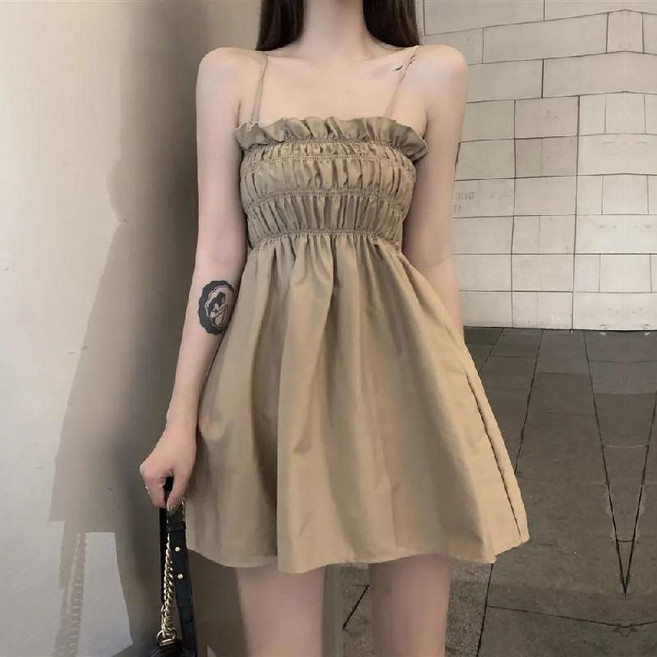 夏季吊帶洋裝 辣妹純欲風超短裙, 卡其色,S 35-45kg, 卡其色