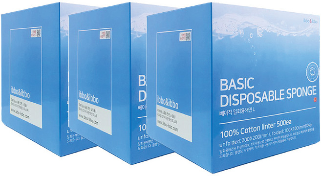 이뽀이뽀 식물성 섬유 100% 국산 베이직 일회용해면 L 500매, 3개
