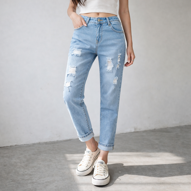 2차입고 FOOI 슬림 데미지 팬츠 구제청바지 9부데님 워싱데님 빈티지룩 빠른배송