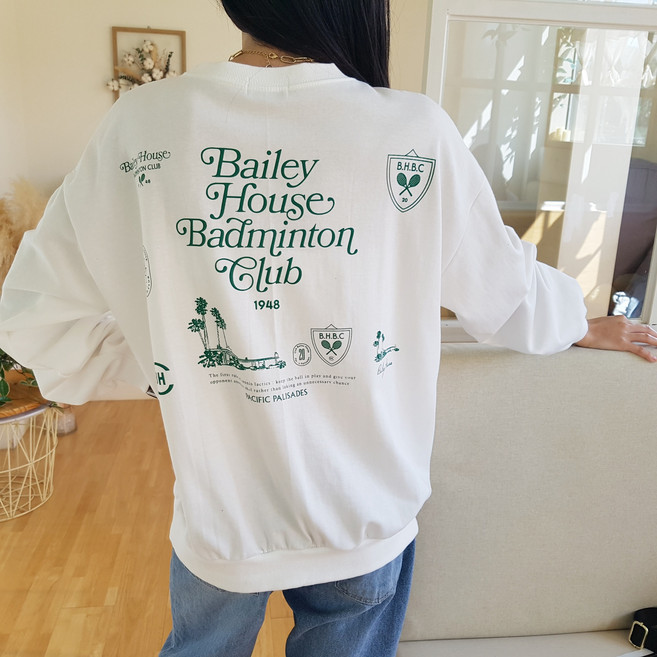 상상그이상 여성용 국내제작 귀여운 라켓 맨투맨 오버핏 티셔츠 간절기 뒷나염 레터링 포인트 데일리 힙 가려주는 롱기장 베이직 내추럴룩