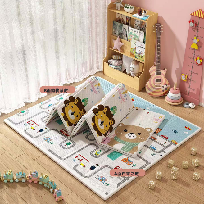 GUEFOON 嬰幼兒加厚摺疊爬行墊客廳遊戲地墊, 動物派對+汽車之城