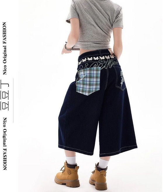 Nico Original FASHION 美式復古格紋拼接刺繡七分牛仔寬褲 深藍色 XL 男女夏季寬鬆情侶款