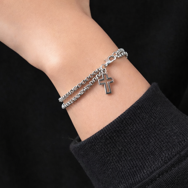 백송 더블 아머 십자가 체인 남자 팔찌 써지컬스틸 두줄 레이어드 데일리 남자 주얼리