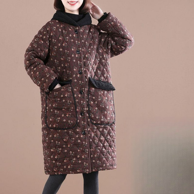 COSYEVNO 여자 패딩 겨울 후드 플라워 패딩 빅사이즈 패션 캐주얼 보온 40-50대 엄마 하프코트 CXJcmfN-06
