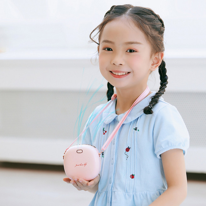 어린이 휴대용 목걸이 선풍기 날개없는 초미니 손풍기, 그린