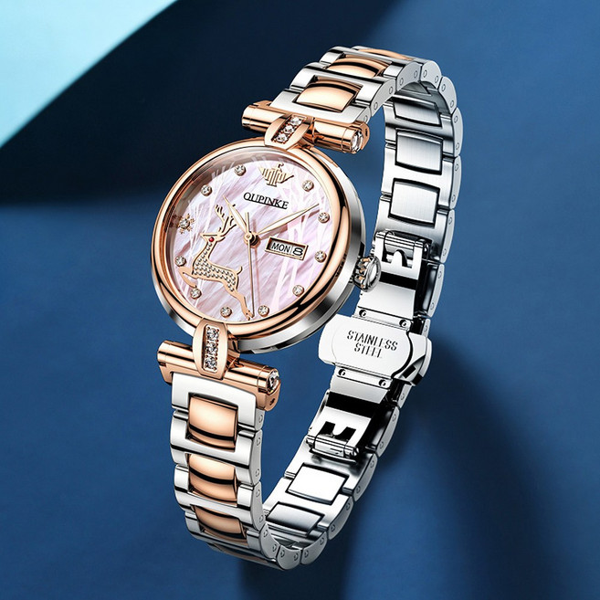 OUPINKE 여성시계 기계식 오토매틱 럭셔리 명품 워터프루프 야광 일력 메탈시계