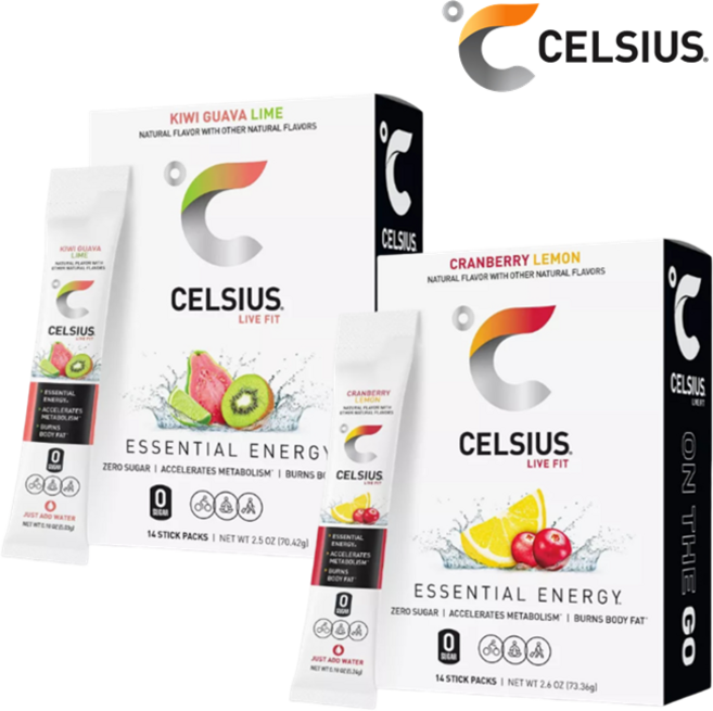 [CELSIUS] [1+1] 셀시어스 히트 워터 제로슈가 키위 구아바 라임 맛 14개입 + 크랜베리 레몬 맛 14개입 에너지 드링크 파우더 Energy Drink Mix