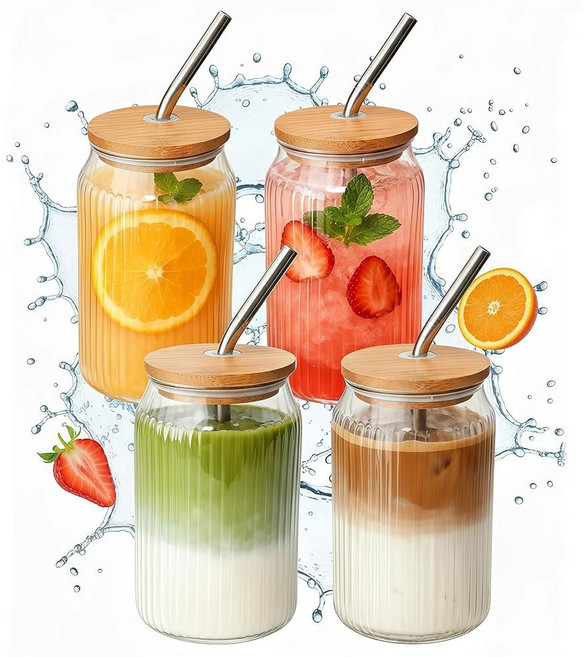 스무디 주스 말차 티 라떼 카푸치노 에스프레소 핫 커피 워터 재사용 가능한 투명 여행 보바 에스테틱 음료 머그잔 뚜껑과 빨대가 포함된 4팩 립 유리 텀블러 16온스 귀여운 아이스, 2 Bamboo-covered striped cup 4