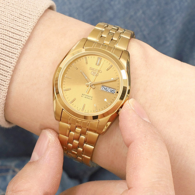 세이코5 남성 오토매틱 골드 데이데이트 메탈 손목시계 SNK366K1