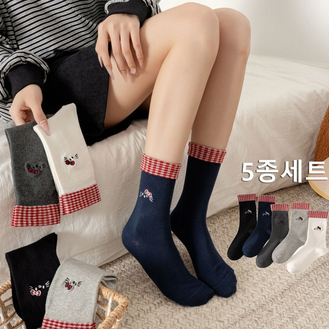 여성용 자수 중목 양말 5켤레 세트 고양이 귀여운 양말 패션양말
