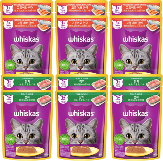 위스카스 1세이상 주식파우치 고등어와연어+참치 2종, 12개, 80g, 혼합맛
