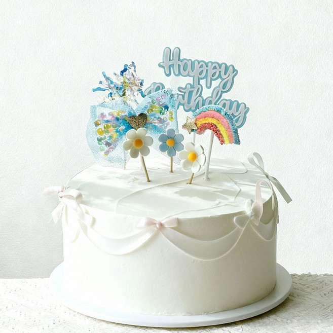 생일케이크장식 케이크토퍼 생일파티 데코픽 무지개토퍼 리본토퍼 파티용품 케이크데코세트 생일파티꾸미기 1세트 6종 토퍼, 1개, 스노우블루