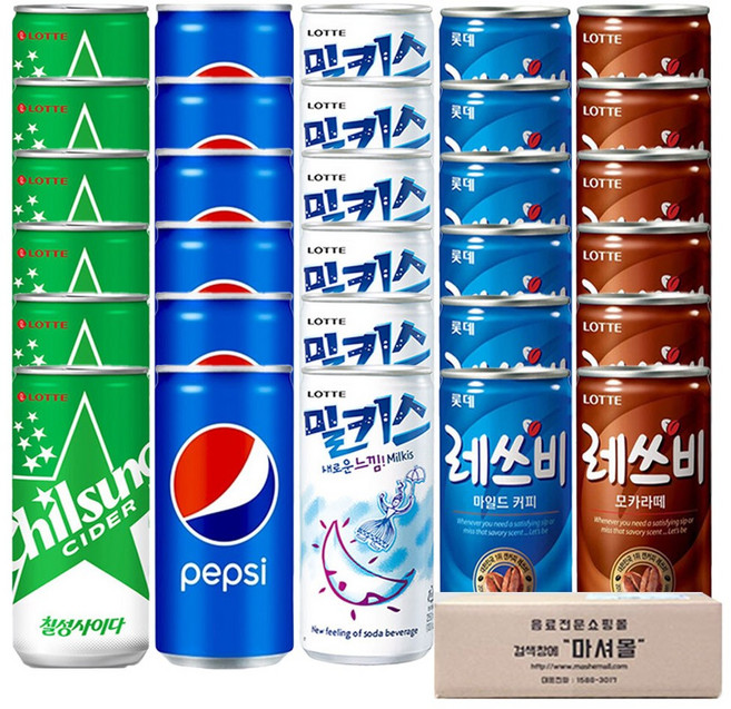 마셔몰 미니캔 음료세트 칠성사이다 밀키스 펩시콜라 레쓰비마일드 레쓰비모카 5가지맛 각6캔씩 총30캔, 30개, 175ml