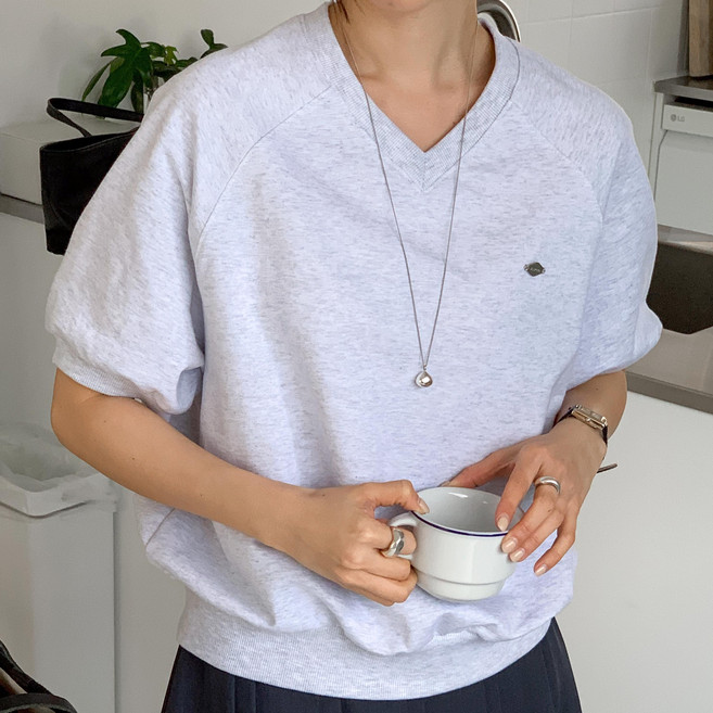 여성 나그랑 브이넥 반팔 맨투맨 데일리 오버핏 반팔 스웨트셔츠