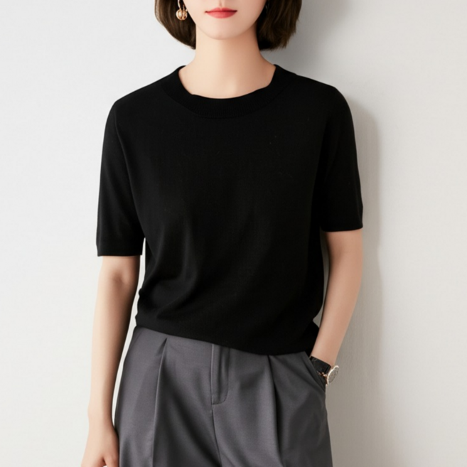 YEON HOME 라운드넥 반팔 니트 티셔츠 데일리 여성