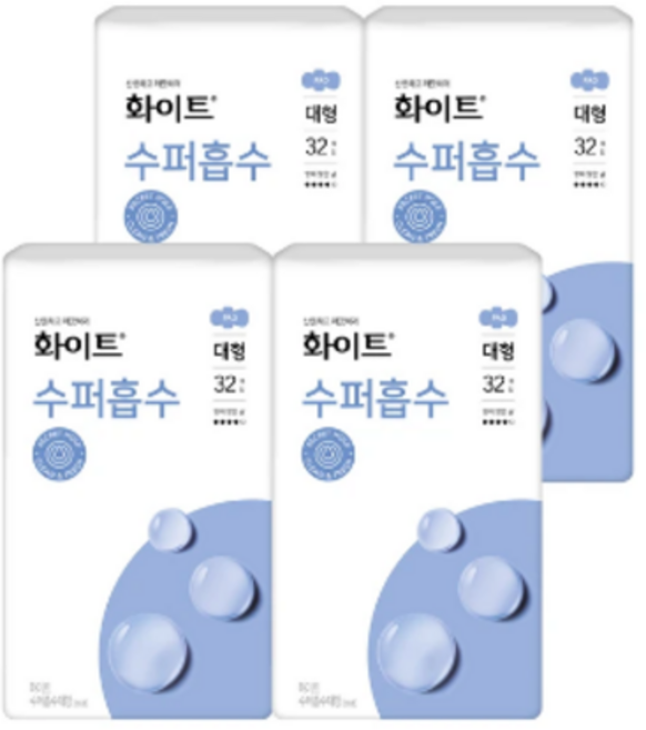 화이트 수퍼흡수 울트라슬림 생리대 날개형, 대형, 32개입, 4개