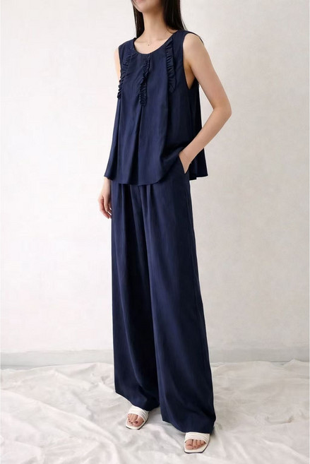 스타일 키 SK2635 여성 캐주얼 냉감 오버핏 투피스 뒷단추 프릴 민소매 나시 허리밴딩 와이드핏 포켓 팬츠 상하세트