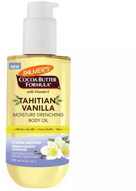 파머의 코코아 버터 포뮬러 바디 오일 수분을 흡수하는 타히티안 바닐라 6.5온스 시어 및 비타민 E로, 1개, 184.3g