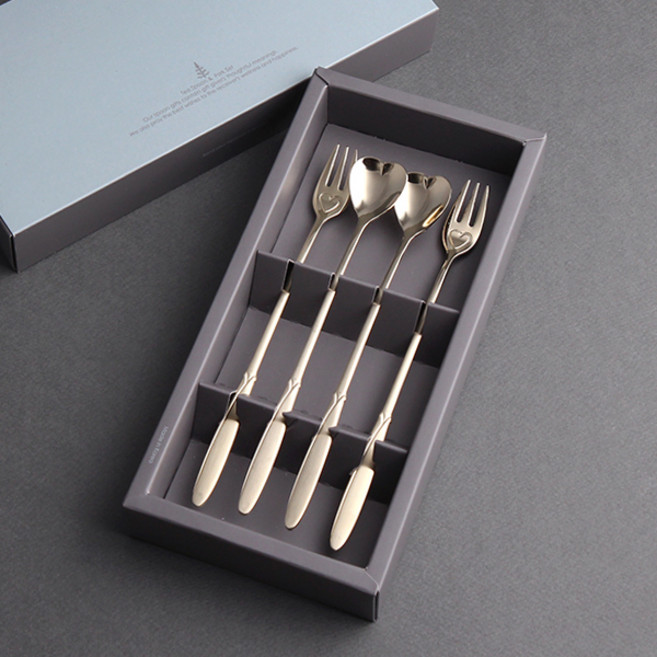 인스푼 엔젤하트 골드 롱티스푼롱포크 4P (종이케이스 포함) 답례품 국내생산 304스텐, 1세트, 롱스푼4