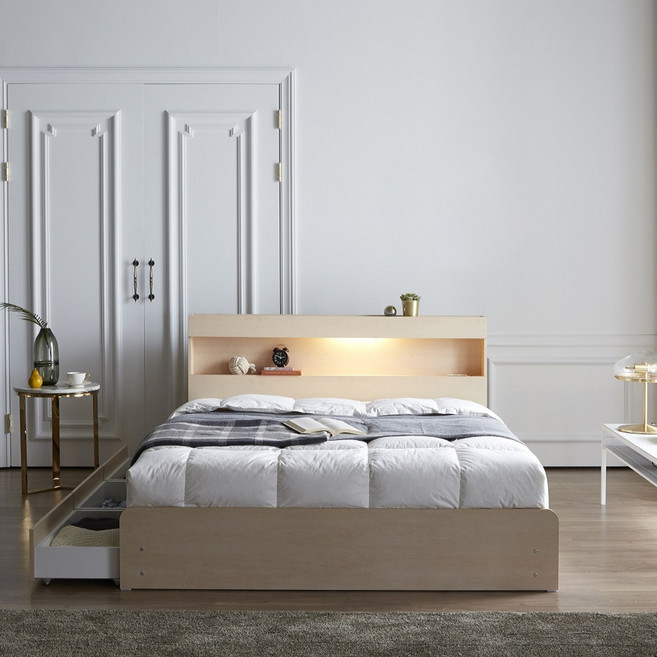 퍼니코 르 마레 LED 조명 수납 호텔침대 프레임 슈퍼싱글 퀸 킹 + 25cm 텐셀 본넬 필로우탑 매트리스 포함, 메이플