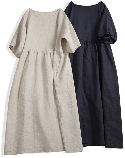 귀여운 면 마 반팔 롱 원피스 루즈핏 여름 편안한 린넨 빅사이즈원피스