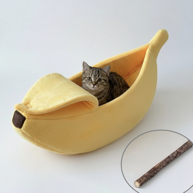 이름없는 바나나 펫 하우스 숨숨집 쿠션 방석 + 마따따비 스틱 - 고양이/강아지 겸용, 노랑 숨숨집 1개+마타타비 1개, 1세트