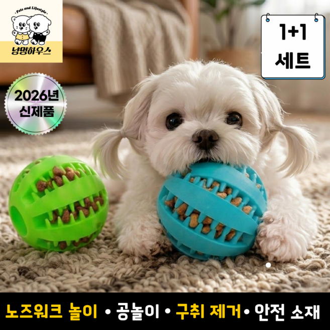 냥멍하우스 강아지 스낵볼 간식볼 노즈워크 공, 1세트, 하늘색+초록색