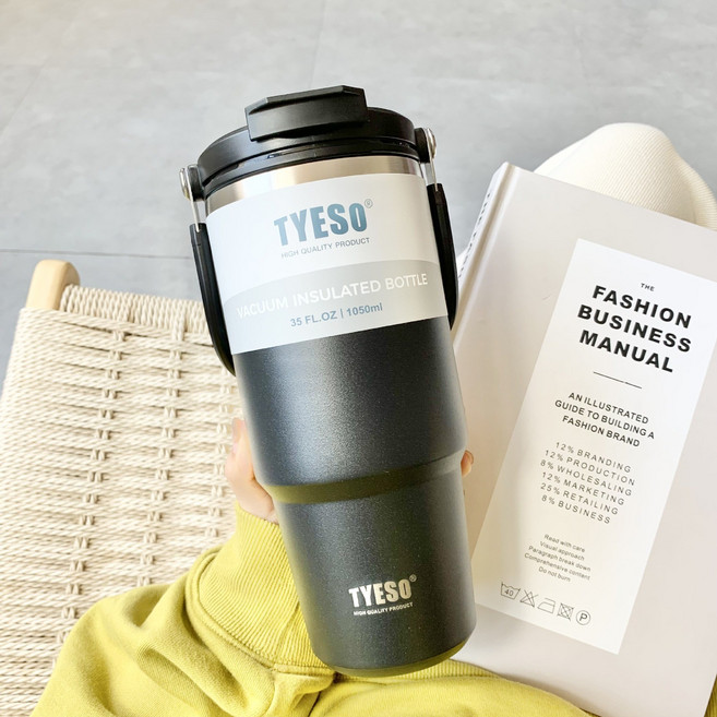 TYESO 진공 스텐 텀블러 보온보냉 대용량 손잡이 캠핑 차량용 (캐리핸들 600/750/900/1050/1200ml), 블랙, 900ml, 1개