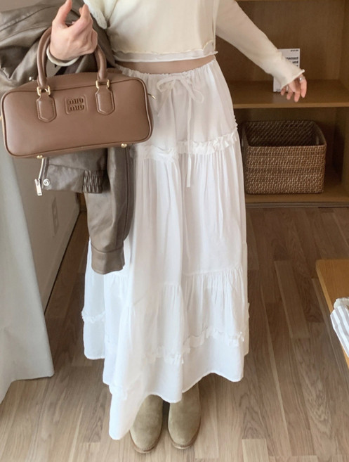 【法式蝴蝶結】半身裙 長裙 韓國chic 春季新款 高腰A字裙 百褶裙 鬆緊腰設計 過膝中長款 溫柔風穿搭 通勤約會必備