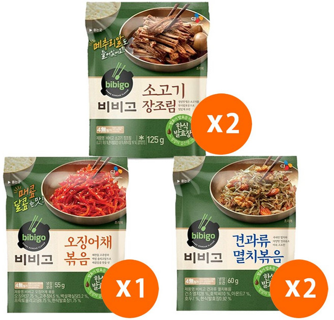 (냉장)비비고 소고기장조림x2+오징어채볶음1+멸치볶음x2, 1세트, 425g