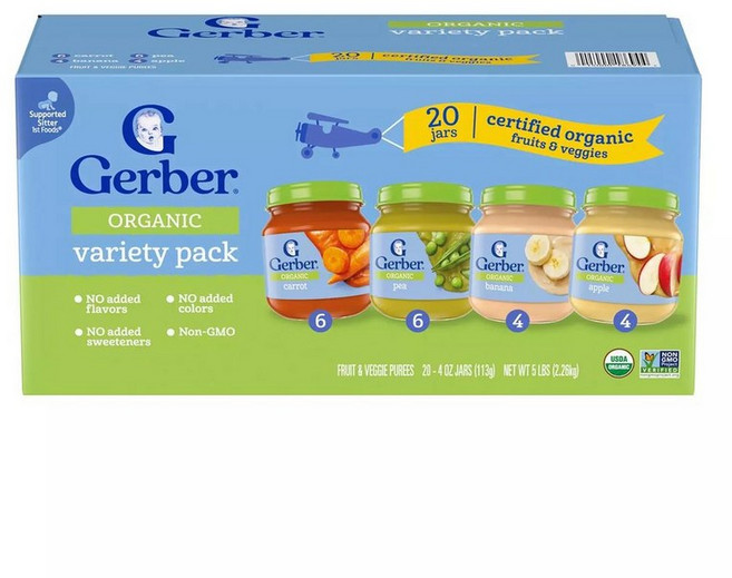 Gerber 거버 1단계 베이비 푸드 과일 채소 밸류팩 당근 완두콩 바나나 사과 113g, 20개