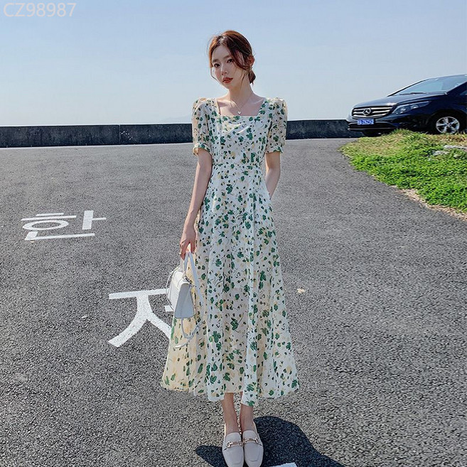 夏季新款短袖碎花雪紡連衣裙女 收腰顯瘦氣質方領中長款a字裙, 綠色,M 【建議40.0-47.5kg】