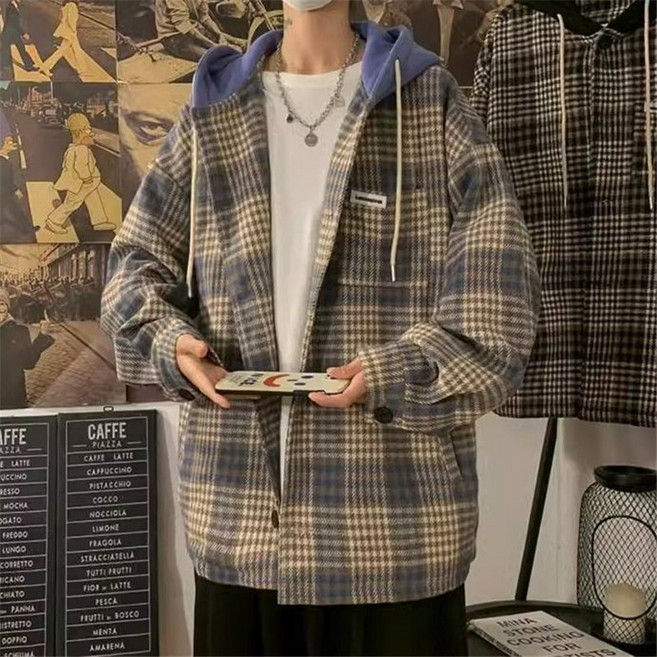 FANSYLI 가을겨울 남성 체크후드자켓코트 빈티지 기모 루즈핏 캐주얼 야상 멋스러운 셔츠 자켓 W2409S11