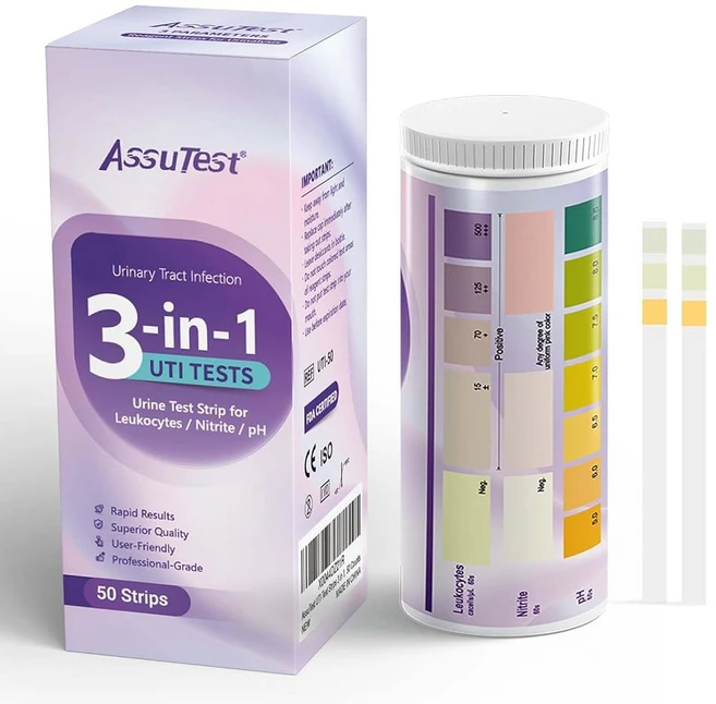 AssuTest UTI 테스트 스트립 - 3-in-1 고급 요로 감염 가정용 키트 감지 및 정확한 백혈구 아질산염 PH 판독 간단한 소변 스트립 50ct, 1개 - 쿠팡