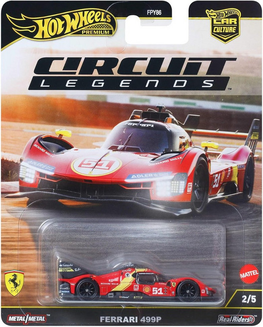 핫 휠 프리미엄 자동차 문화 1:64 스케일 다이캐스트 페라리 499P 수집용 차량 실제 라이더 타이어 및 금속금속 차체 섀시 포함