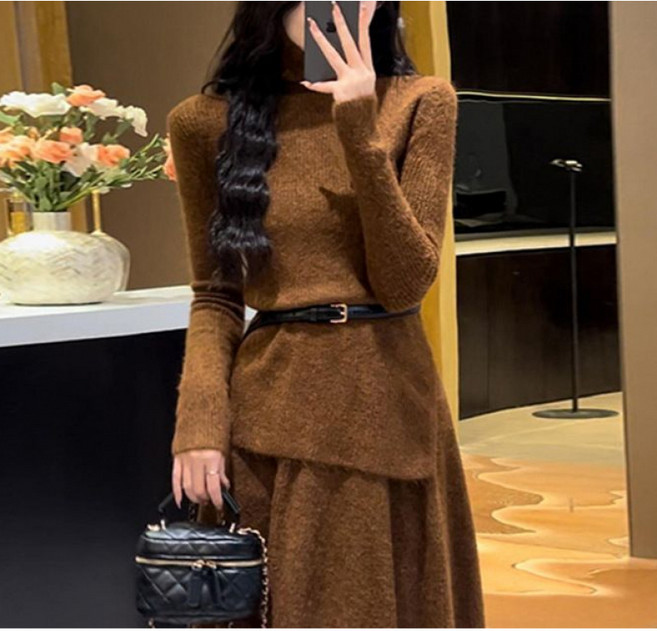 Choyur여성 가을겨울 우아한 니트 원피스 허리 조임 긴팔 스타일zyq