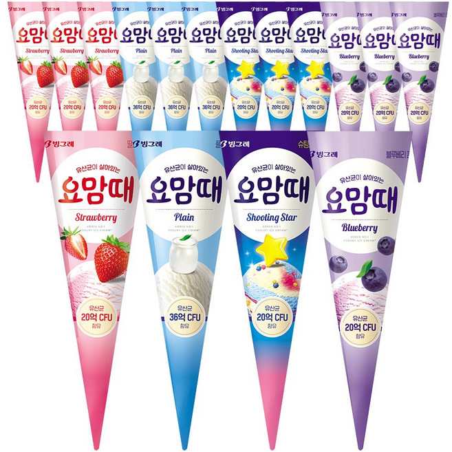 빙그레 요맘때 콘 아이스크림 4종 혼합 12개 (플레인3+딸기3+슈팅스타3+블루베리3)