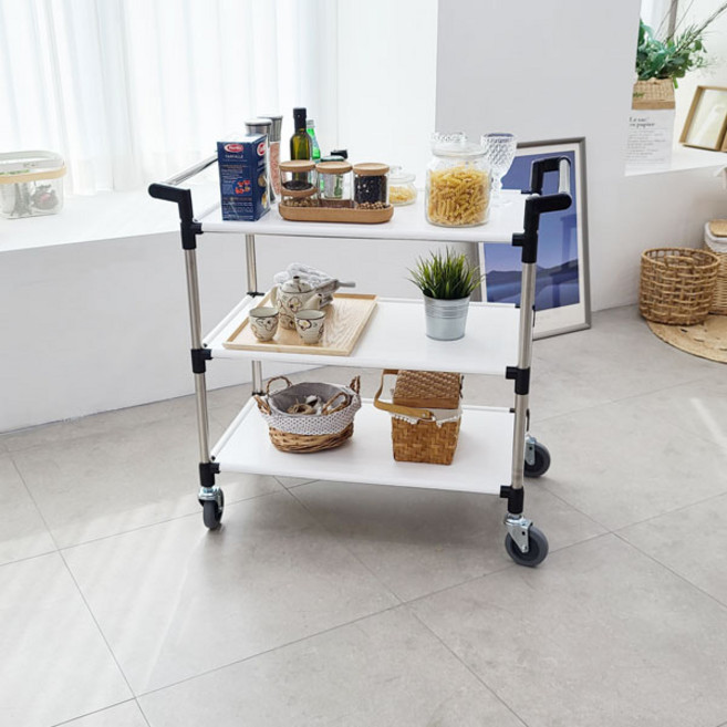 DAMDA 스르륵 서빙카트 트롤리 주방 선반 중형, 화이트, 3단