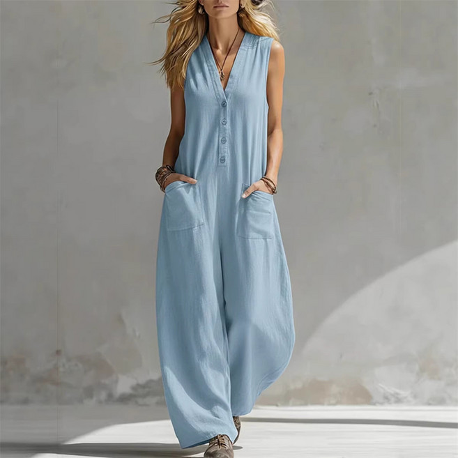 여름바지 여성 린넨혼방 민소매 점프수트 더블포켓 캐주얼 유럽미국풍 데일리 팬츠 ABC26041048 40