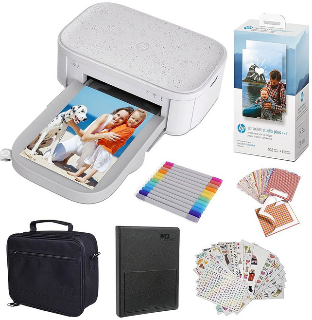 HP Sprocket Studio Plus WiFi 프린터 iOS 및 안드로이드 장치 4x6인치 사진 무선 인쇄 화이트, Gift Bundle
