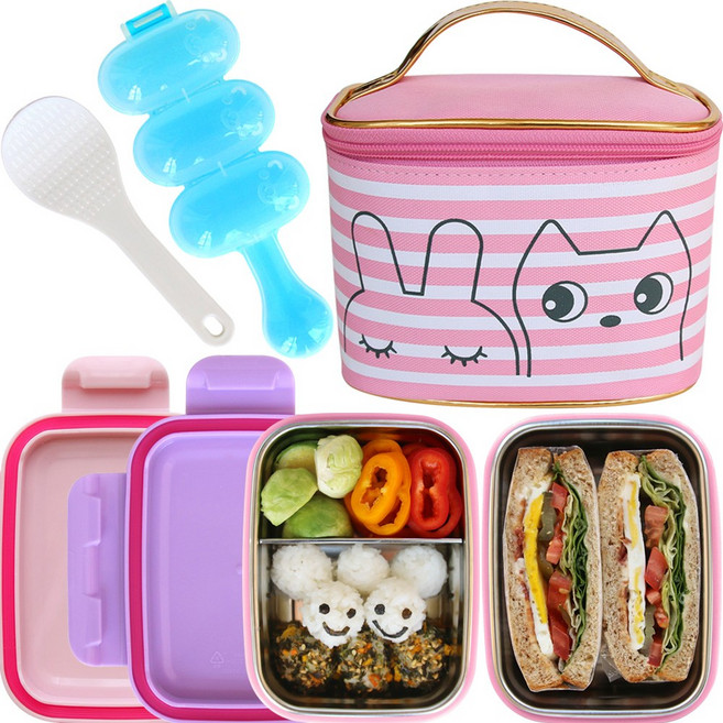 주먹밥틀 이중 스텐도시락 밥통 대 + 칸막이 찬통 + 주먹밥틀 + 가방 세트, 핑크, 1세트