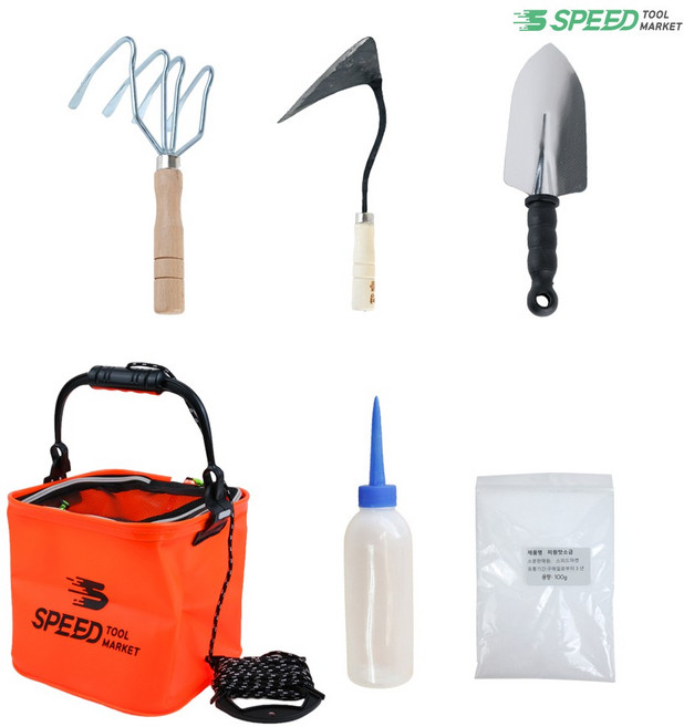 해루질 장비 조개 잡이 도구 6종 세트 4발갈퀴+호미+모종삽+두레박+맛소금+통 갯벌체험, 오렌지