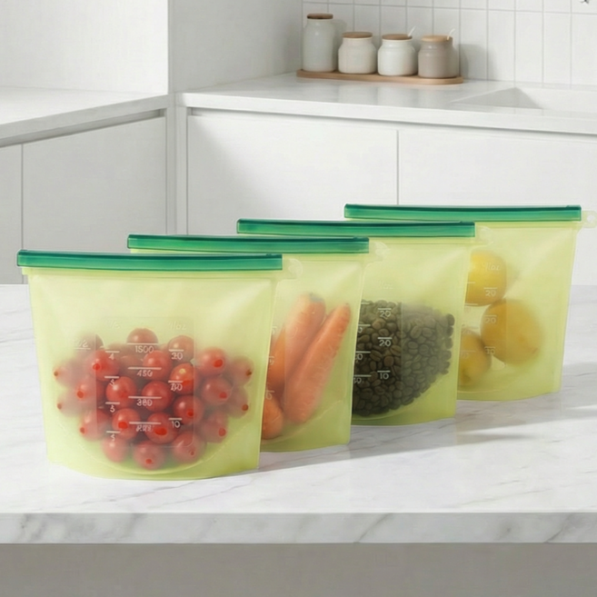 실리콘 지퍼백 재사용가능 푸드백 냉장고정리 용기 4개입, 1세트, 실리콘백 그린 1000ml