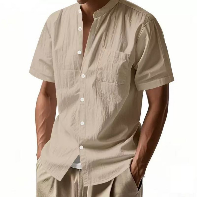 男士夏季亨利領短袖襯衫 寬鬆純色亞麻T恤, 卡其色