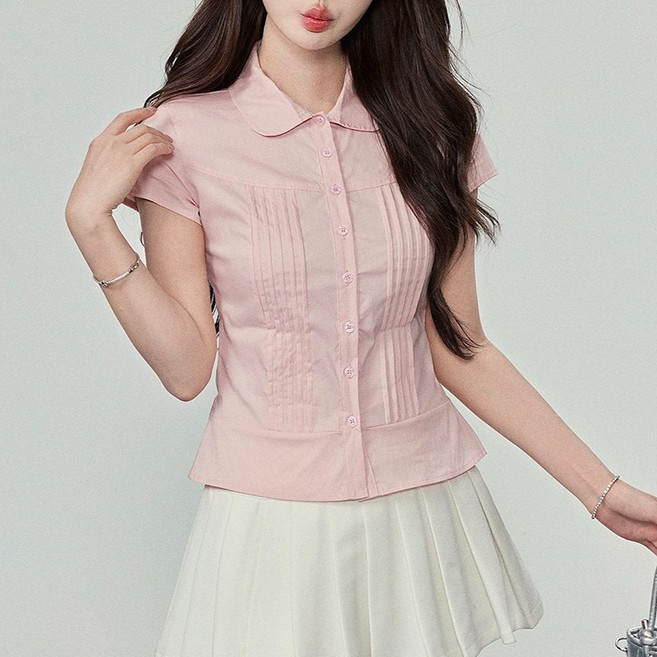 슬림소녀 여성 봄 여름 슬림핏 반팔 셔츠 데일리 캐주얼 컴포트 짧은 상의