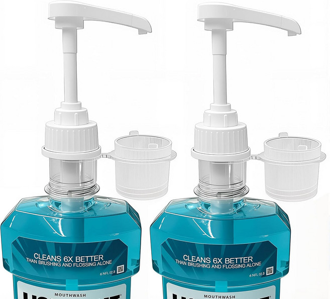 리스테린 1리터 및 1.5리터 구강 청결제 병과 호환되는 2팩 펌프 디스펜서 욕실 조리대용 컵 홀더 포함 실용적인 세트, 아마존평점4.5+ 미국출고 189471 리스테린 1리터